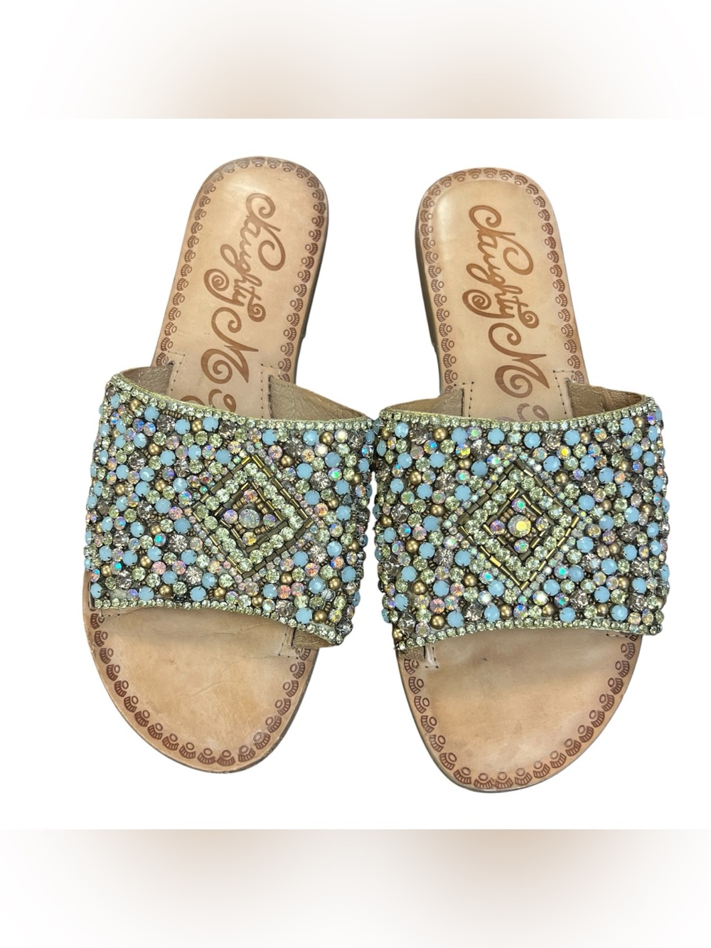 BOUTIQUE Naughty Monkey Funky Rhinestone Leather Slip On Susanna Sandals Sz 11
